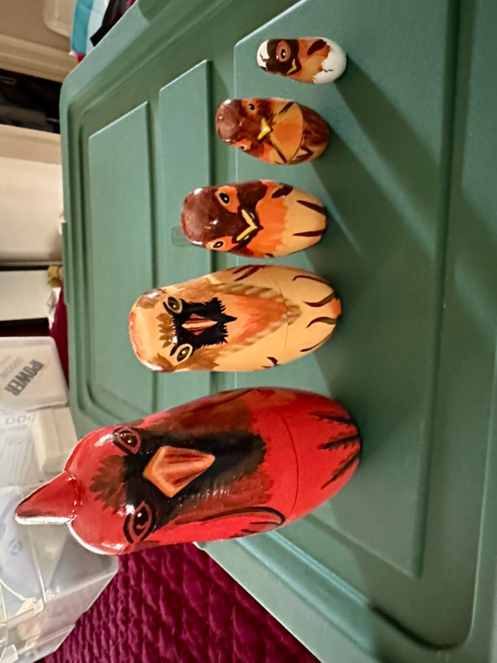 Vintage Hand-Painted Nesting Bird Figurines Set - Red and Orange set of 5